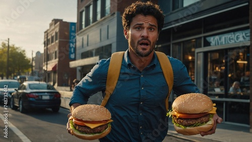 burger man,burger wacking man a man han holding burger