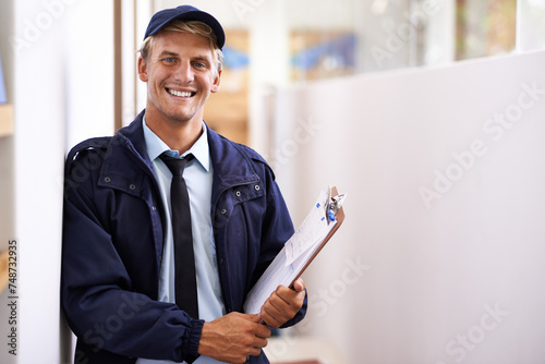 Delivery, checklist and portrait of man with clipboard for inventory, logistics and supply chain information. Happy, courier and person with survey of shipping, distribution or ecommerce compliance