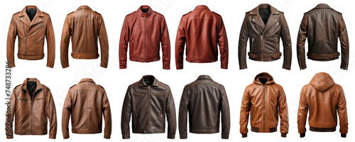 Set of men's brown leather jackets showcasing front and back views mock-up, cut out