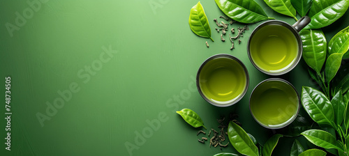 three Cups with green tea with tea leaves on the green background, top view