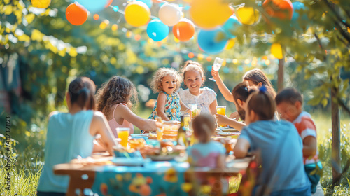 Big Family Garden Party Celebration, Gathered Together at the Table Family, Friends and Children. People are Drinking, Passing Dishes, Joking and Having Fun. Kids Run Around Table.