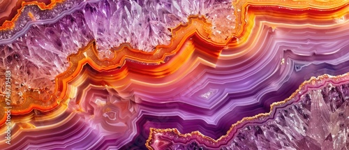 Closeup of cross section of agate crystal from malawi with fine textured background with distinct vibrant orange and violet color wavy lines with tiny molecules of minerals