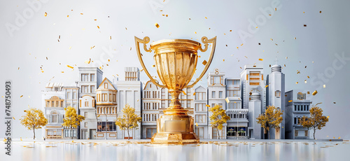 trophée en or devant une ville, pour un concours ou une élection 
