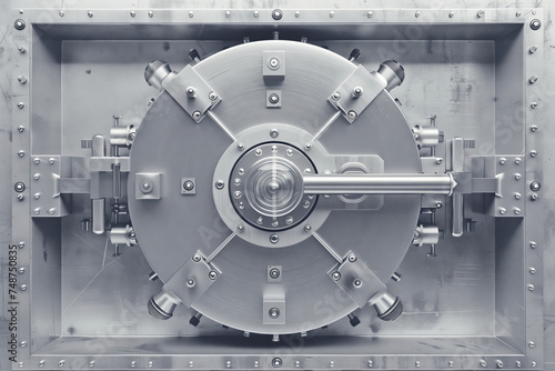 Monochrome Vault Mechanism. Detailed monochromatic view of a secure vault door's locking system.