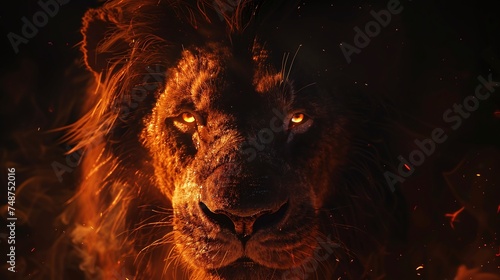intense lion portrait with fiery eyes, detailed closeup of majestic wildlife animal isolated on dark background