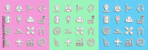 Set line Radar with targets on monitor, Metal detector in airport, Airport control tower, Cone meteorology windsock wind vane, Hot balloon, Airplane window, Location and Suitcase icon. Vector
