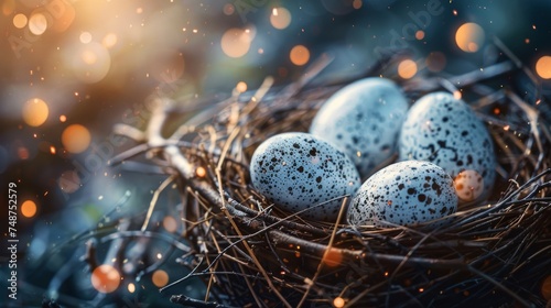A nest with eggs, each representing a different aspect of ReFi, protected by blockchain branches.