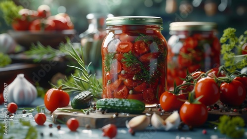 Artisanal tomato preserves in a glass jar amidst fresh herbs for gourmet homemade cuisine