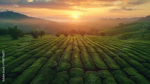 The first light of sunrise over a lush tea plantation, highlighting the peaceful and refreshing start to the day. Generative AI.