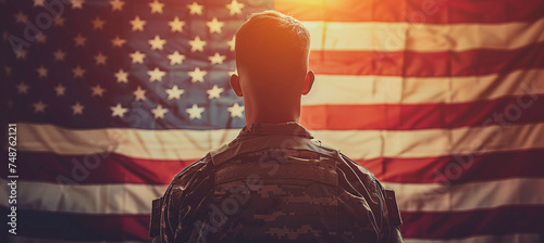 American soldier against the background of the usa flag