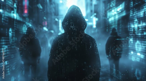 Visualize the concept of cybersecurity threats targeting cryptocurrencies, such as hooded figures representing hackers in front of code filled screens, or digital locks being picked by malware.