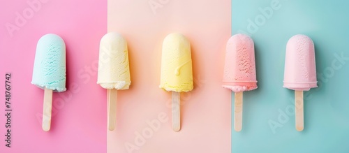 Various tasty sweet Ice cream sticks isolated on pastel colors background. Generated AI image