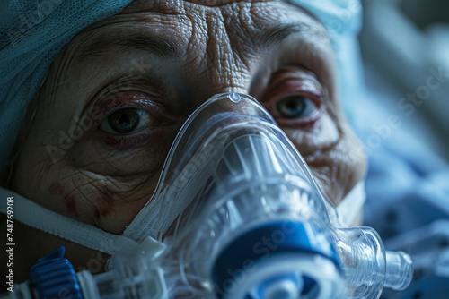 Elderly Patient with Oxygen Mask in Hospital.