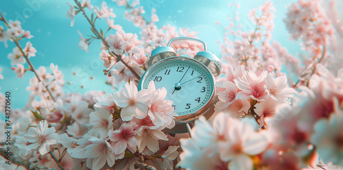 Spring time wall clock spinning animation through the hours on a spring time themed background