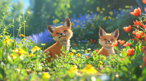 3D render of a dainty fox cub exploring a vibrant, flower-filled meadow