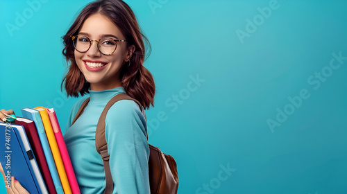 banner put on knowledge, smiling schoolgirl holding textbooks on a blue background close-up with space for text