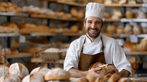 bakery banner, smiling baker in an apron and white cap on the background of a bakery with copy space and place for text