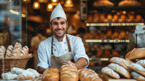 bakery banner, smiling baker in an apron and white cap on the background of a bakery with copy space and place for text