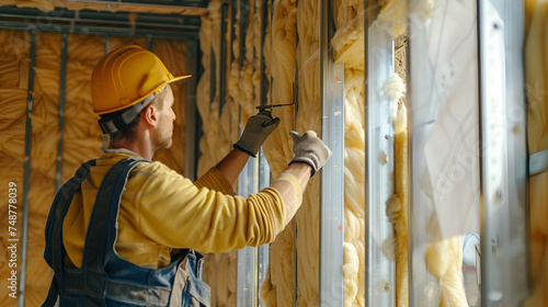 close-up worker in yellow hard hat insulating walls with space for text