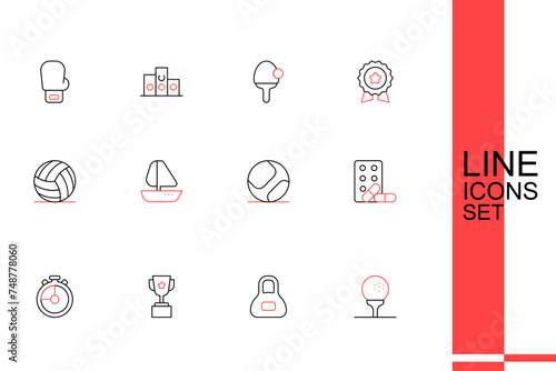Set line Golf ball on tee, Weight, Award cup, Stopwatch, Sports doping with dumbbell, Baseball, Yacht sailboat and Volleyball icon. Vector
