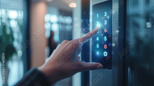 Closeup of woman finger entering password code on the smart digital touch screen keypad entry door lock in front of the room. Smart device concept.