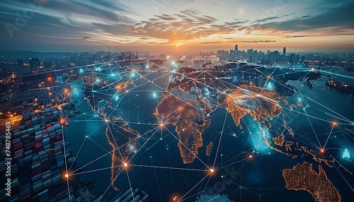 International Supply Chain Management, international supply chain management with an image depicting the flow of goods, information, AI