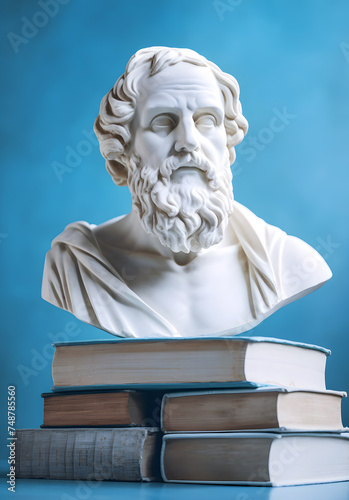 Marble bust of a Greek philosopher and old books. Philosophy of life and wisdom. 