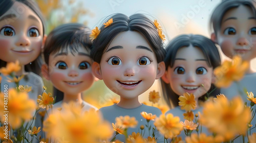 3D cartoon on whitebackground Family participating in a flower festival