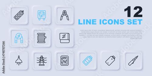 Set line Battery charge, Soldering iron, Wire electric cable reel, Magnet, Electric tower line, Electrical panel and icon. Vector