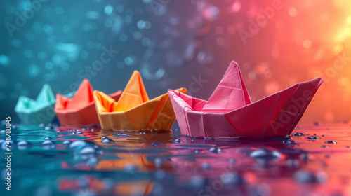 Colorful origami ships. Paper boat floating, paper art style and creative ideas.