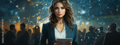 Wide illustration drawing of cute pretty business presenter woman doing a presentation looking at tab computer on her hand in a colorful lines and dots digital futuristic technological background 