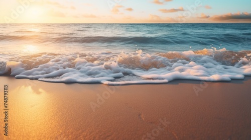 Take a close-up shot of a pristine sandy beach at sun