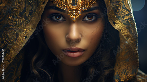 Close-up portrait of an incredibly beautiful Egyptian queen with beautiful brown eyes and a golden cape. Concept of ancient culture, history, comparison of eras, art, beauty