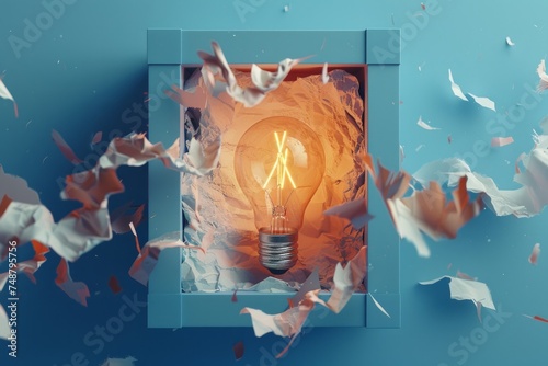 A conceptual image of a light bulb breaking through a blue box, symbolizing creativity and innovation.