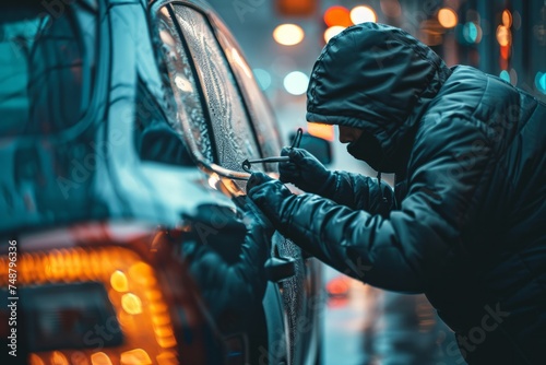 A person in a hooded jacket attempting to break into a car with a tool.