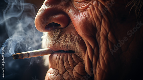 A close-up the mouth of an elderly person, lips slightly parted as they exhale a stream of cigarette smoke.