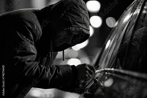 A person in a hooded jacket attempting to break into a car with a tool.