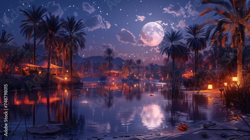 an idyllic oasis at night, illuminated by lanterns and a crescent moon, with palm trees reflecting on tranquil waters