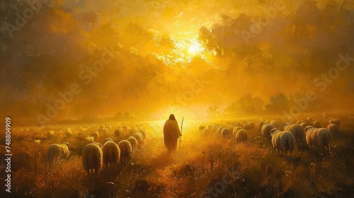 Poignant image of Jesus Christ as a shepherd. Generative Ai