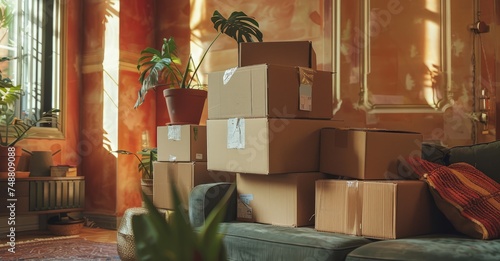 A living room packed with a multitude of boxes of various sizes and shapes, filling up the space completely.