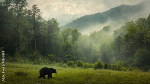 a black bear in its natural habitat within the Smoky Mountains National Park, showcasing the wildlife's beauty and power against the backdrop of lush forests and misty mountain peaks.