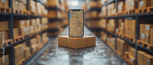 An online logistics concept shows tracking delivery of an order in an app on your phone. It shows location of the courier on a map on your phone's display. A shipping box is displayed with the