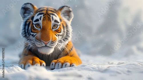 Cute Animated Tiger Sitting in Snowy Illustration