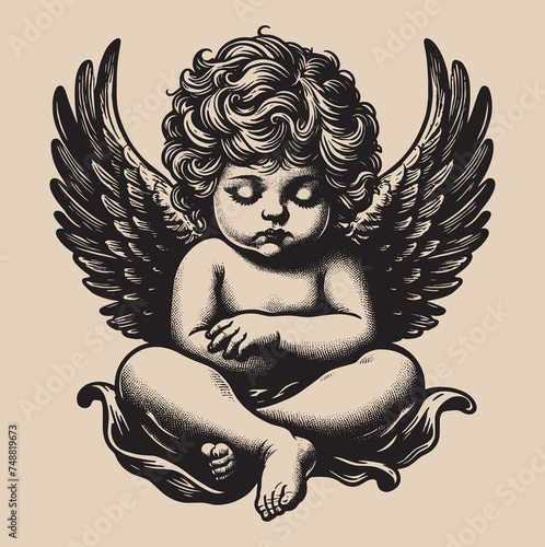 sweet little baby angel is sleeping. Old vintage engraving illustration. Hand drawn outline graphic. Logo, emblem, icon. Isolated object, cut out. black and white