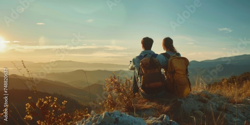 young couple of travelers looking at the sunset in the mountains Generative AI
