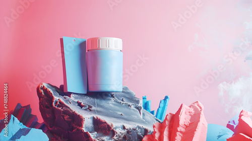 Cosmetic blue bottle of Deodorant Stone stands on nature stone, pink background. Mockup of Natural substitute for antiperspirants in body hygiene products. Copy space