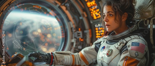 Spacesuit-clad female astronaut hovers in weightlessness inside spaceship against backdrop of window. Women work with control panels on space station. Hologram of Earth on monitor.