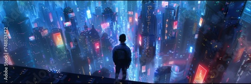 Man overlooking a futuristic neon cityscape - A solitary figure stands contemplating a sprawling, neon-lit future city, evoking a sense of wonder and solitude