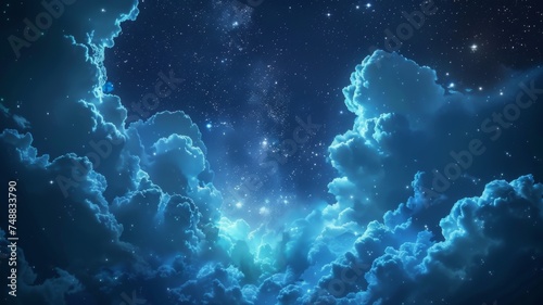 Starry cloudscape with a celestial feel - A digital art sky scene with vibrant blue clouds reminiscent of a nebula in space, creating a sense of wonder