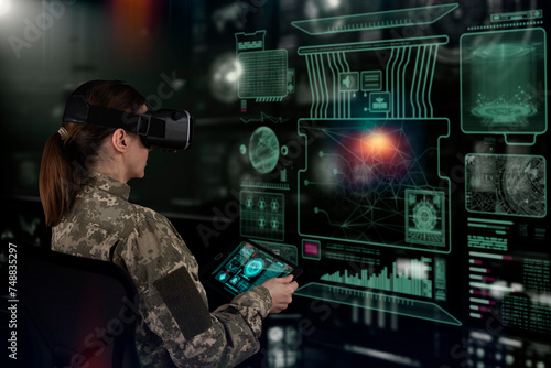 Military Think Tank, AI technology in the army. Warfare analytic operator checking coordination of the military team. Military commander with a digital device with vr glasses operating troops